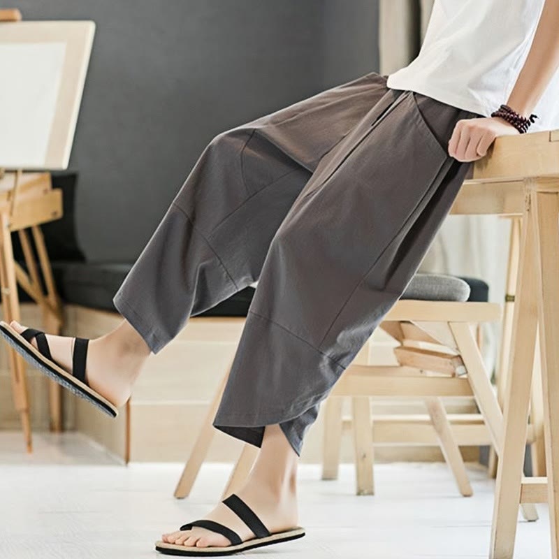 Summer Men's Solid Color 7-8 Length Cotton Linen Drawstring Pants With Pockets