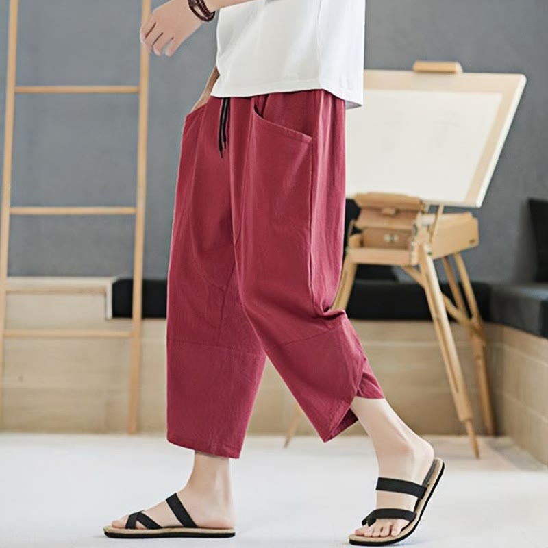 Summer Men's Solid Color 7-8 Length Cotton Linen Drawstring Pants With Pockets