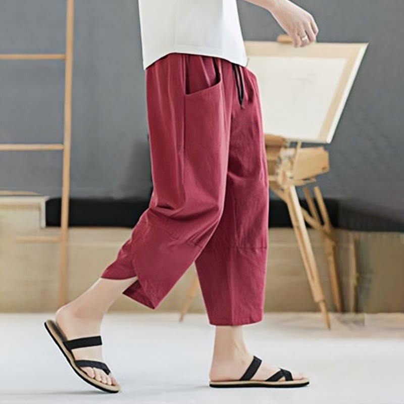 Summer Men's Solid Color 7-8 Length Cotton Linen Drawstring Pants With Pockets