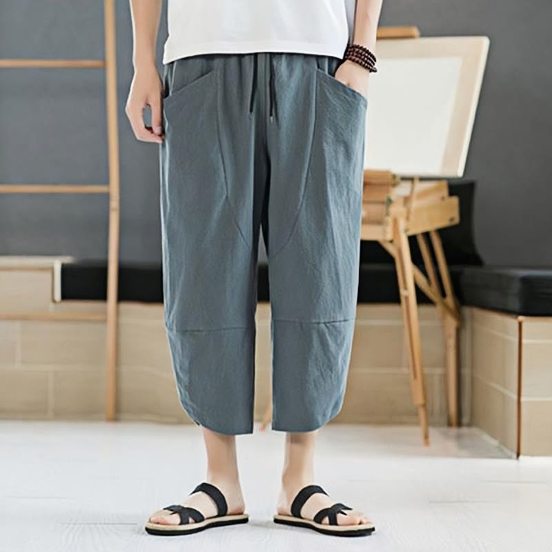 Summer Men's Solid Color 7-8 Length Cotton Linen Drawstring Pants With Pockets