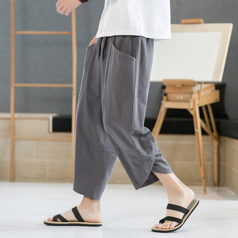 Summer Men's Solid Color 7-8 Length Cotton Linen Drawstring Pants With Pockets