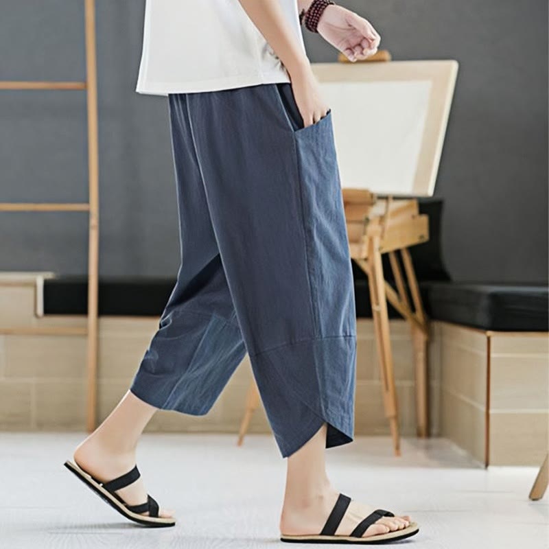 Summer Men's Solid Color 7-8 Length Cotton Linen Drawstring Pants With Pockets