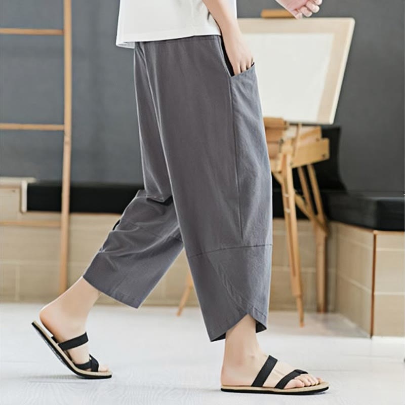 Summer Men's Solid Color 7-8 Length Cotton Linen Drawstring Pants With Pockets