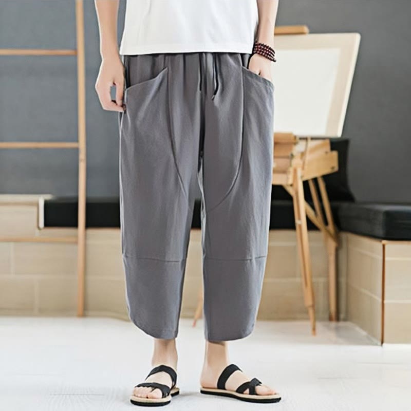 Summer Men's Solid Color 7-8 Length Cotton Linen Drawstring Pants With Pockets