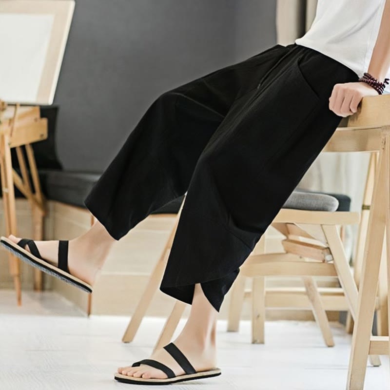 Summer Men's Solid Color 7-8 Length Cotton Linen Drawstring Pants With Pockets