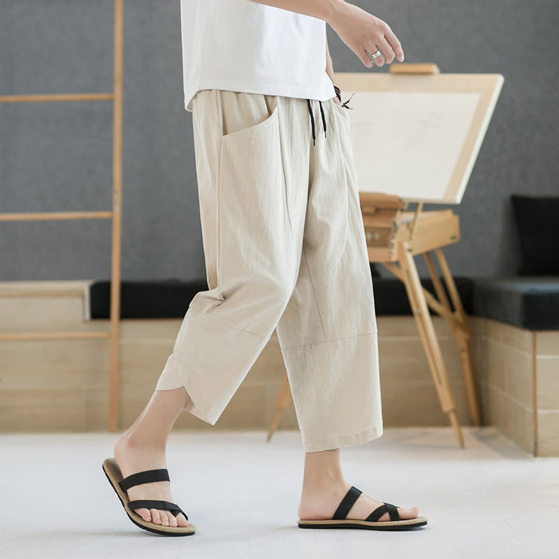 Summer Men's Solid Color 7-8 Length Cotton Linen Drawstring Pants With Pockets