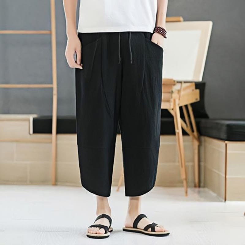 Summer Men's Solid Color 7-8 Length Cotton Linen Drawstring Pants With Pockets