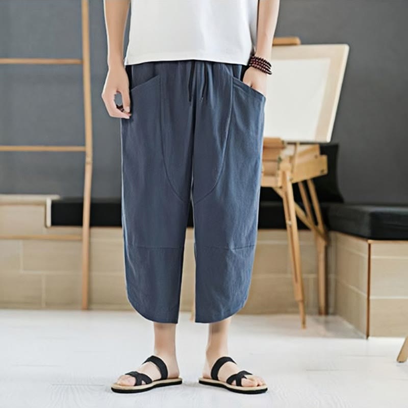 Summer Men's Solid Color 7-8 Length Cotton Linen Drawstring Pants With Pockets