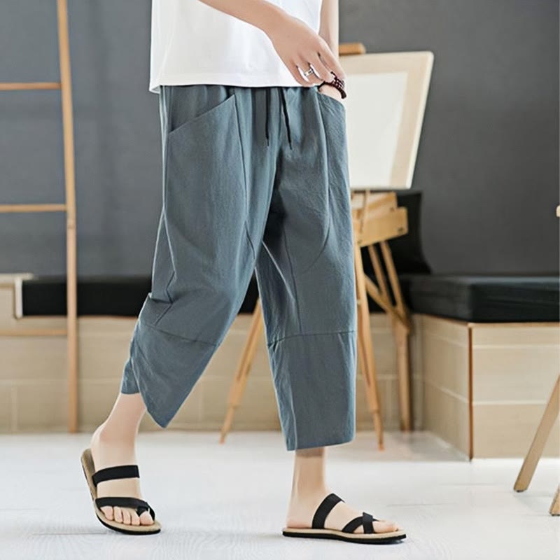 Summer Men's Solid Color 7-8 Length Cotton Linen Drawstring Pants With Pockets