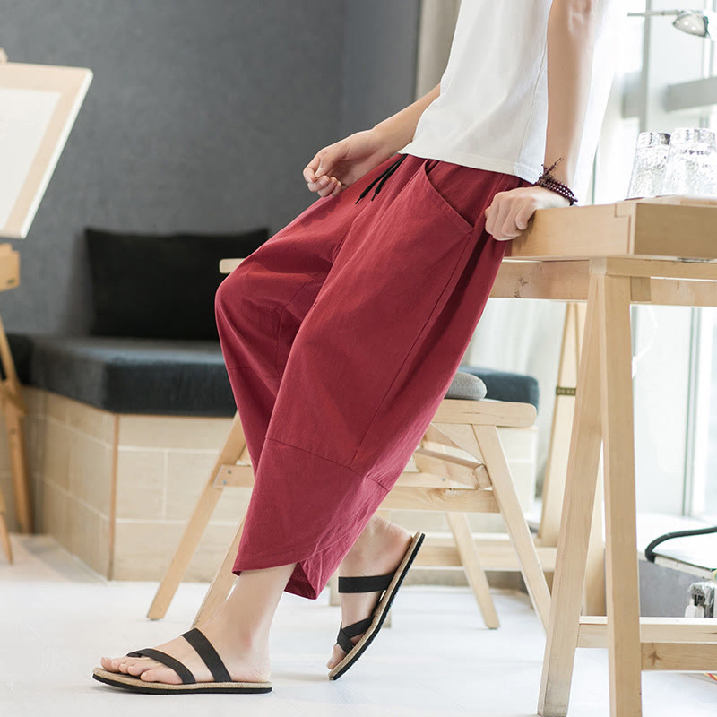 Summer Men's Solid Color 7-8 Length Cotton Linen Drawstring Pants With Pockets