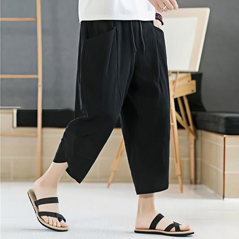 Summer Men's Solid Color 7-8 Length Cotton Linen Drawstring Pants With Pockets