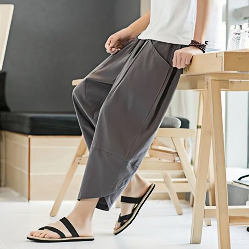 Summer Men's Solid Color 7-8 Length Cotton Linen Drawstring Pants With Pockets