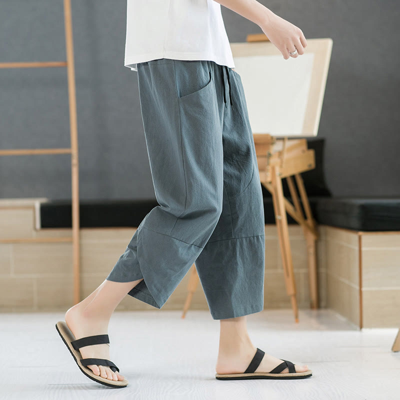 Summer Men's Solid Color 7-8 Length Cotton Linen Drawstring Pants With Pockets