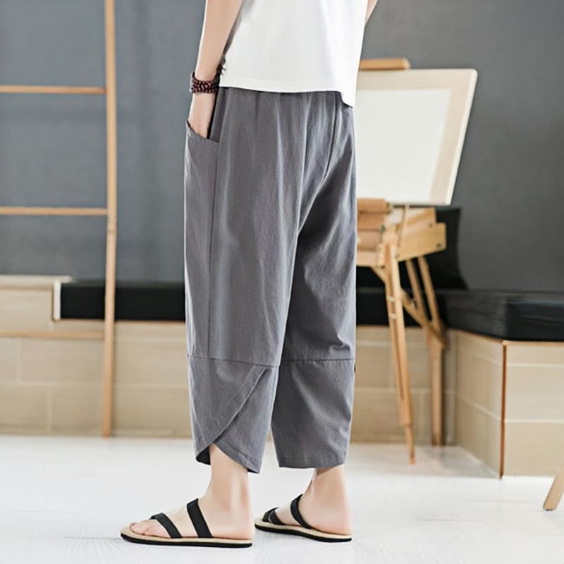 Summer Men's Solid Color 7-8 Length Cotton Linen Drawstring Pants With Pockets
