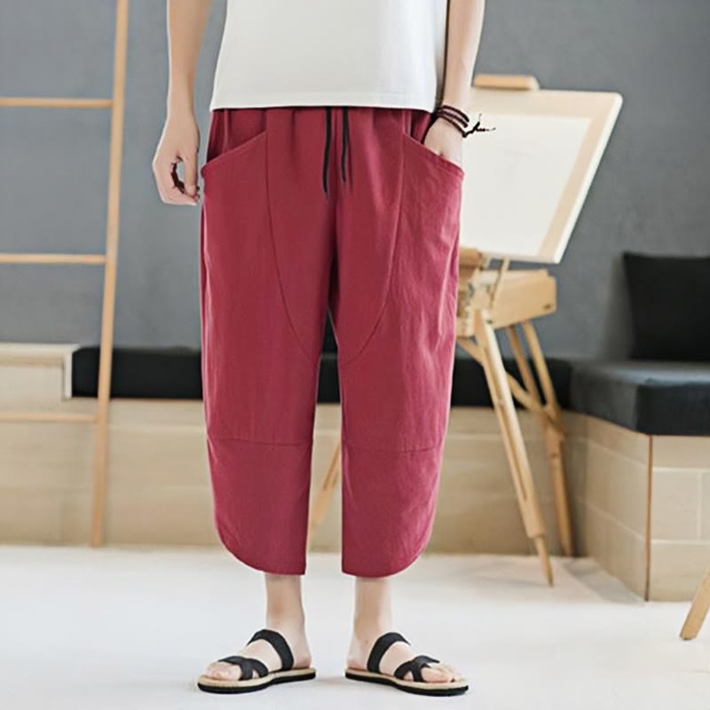 Summer Men's Solid Color 7-8 Length Cotton Linen Drawstring Pants With Pockets