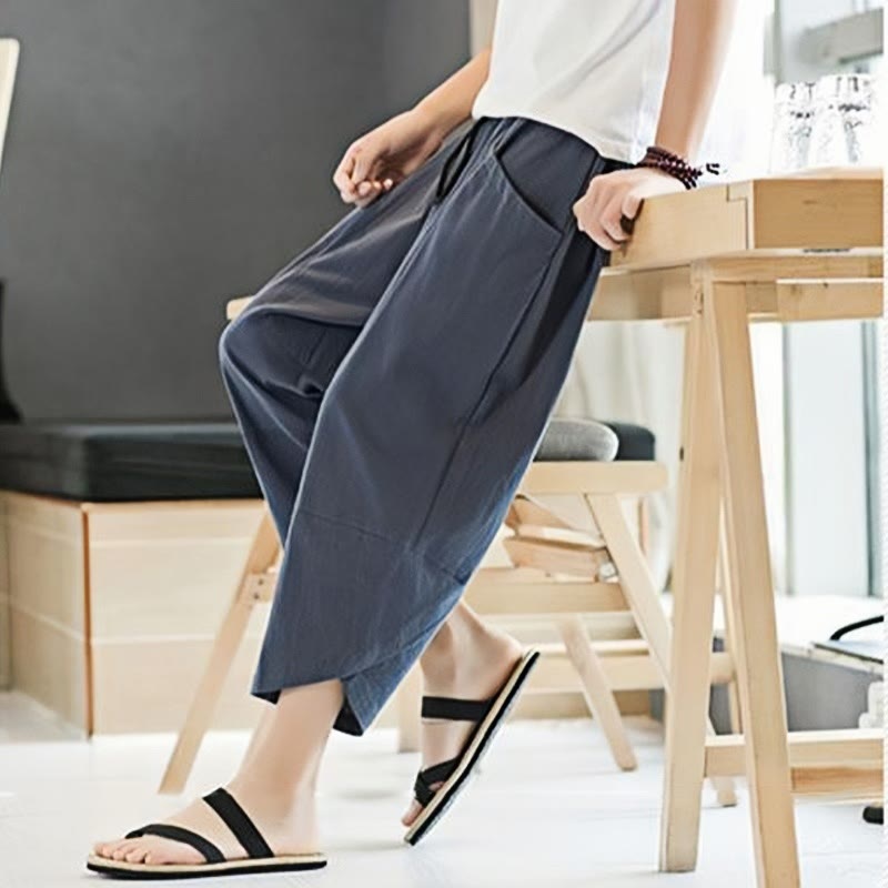 Summer Men's Solid Color 7-8 Length Cotton Linen Drawstring Pants With Pockets