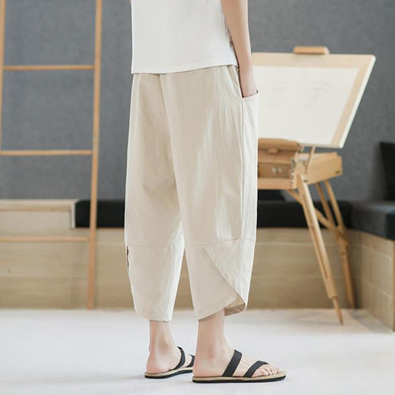 Summer Men's Solid Color 7-8 Length Cotton Linen Drawstring Pants With Pockets