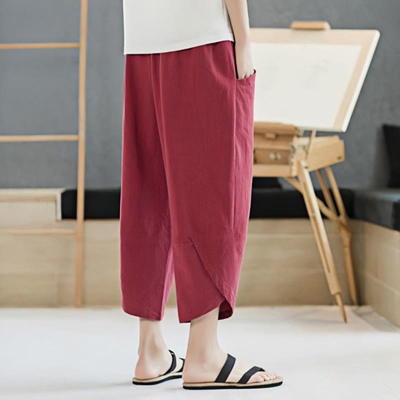 Summer Men's Solid Color 7-8 Length Cotton Linen Drawstring Pants With Pockets