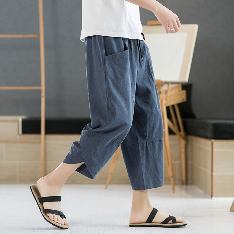 Summer Men's Solid Color 7-8 Length Cotton Linen Drawstring Pants With Pockets