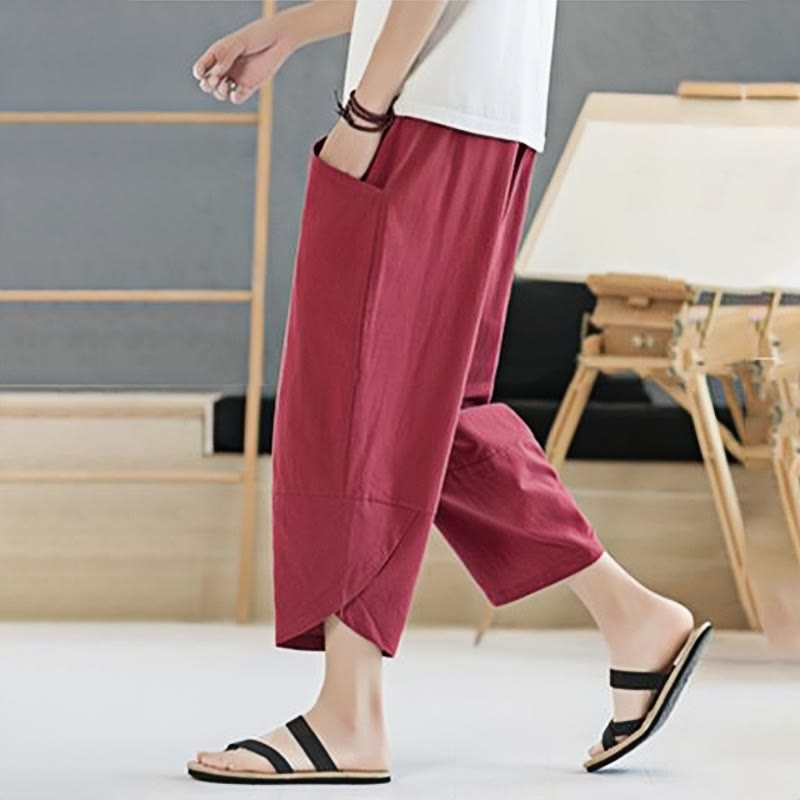 Summer Men's Solid Color 7-8 Length Cotton Linen Drawstring Pants With Pockets