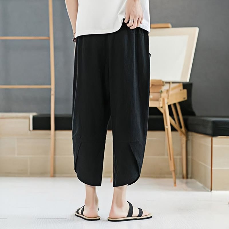Summer Men's Solid Color 7-8 Length Cotton Linen Drawstring Pants With Pockets