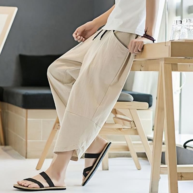 Summer Men's Solid Color 7-8 Length Cotton Linen Drawstring Pants With Pockets