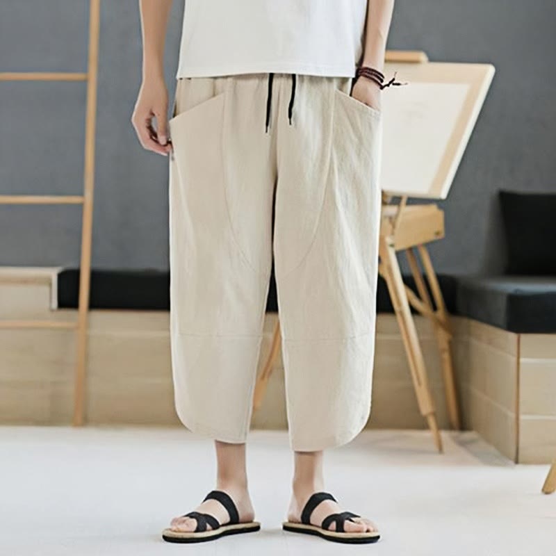 Summer Men's Solid Color 7-8 Length Cotton Linen Drawstring Pants With Pockets