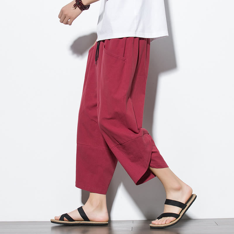 Summer Men's Solid Color 7-8 Length Cotton Linen Drawstring Pants With Pockets