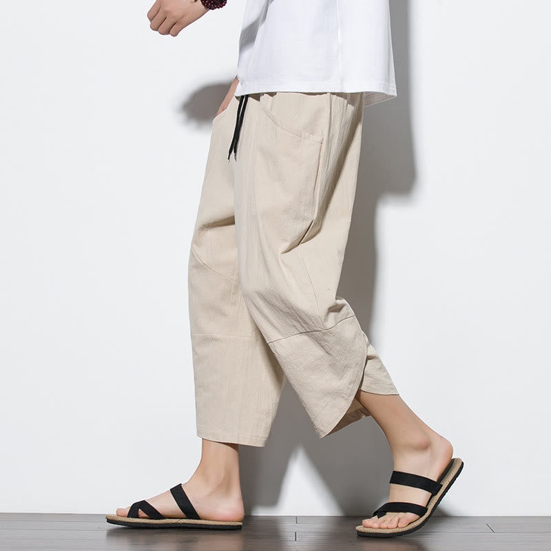 Summer Men's Solid Color 7-8 Length Cotton Linen Drawstring Pants With Pockets