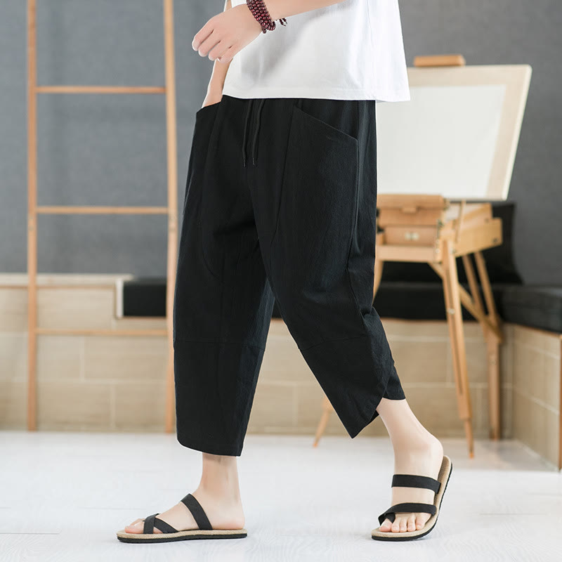 Summer Men's Solid Color 7-8 Length Cotton Linen Drawstring Pants With Pockets