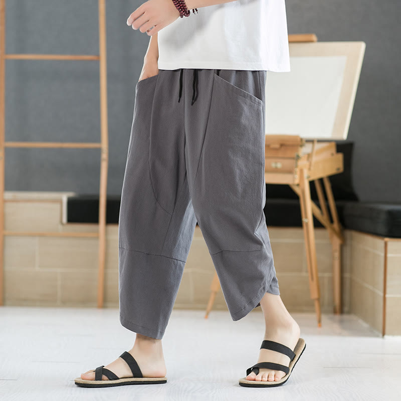 Summer Men's Solid Color 7-8 Length Cotton Linen Drawstring Pants With Pockets