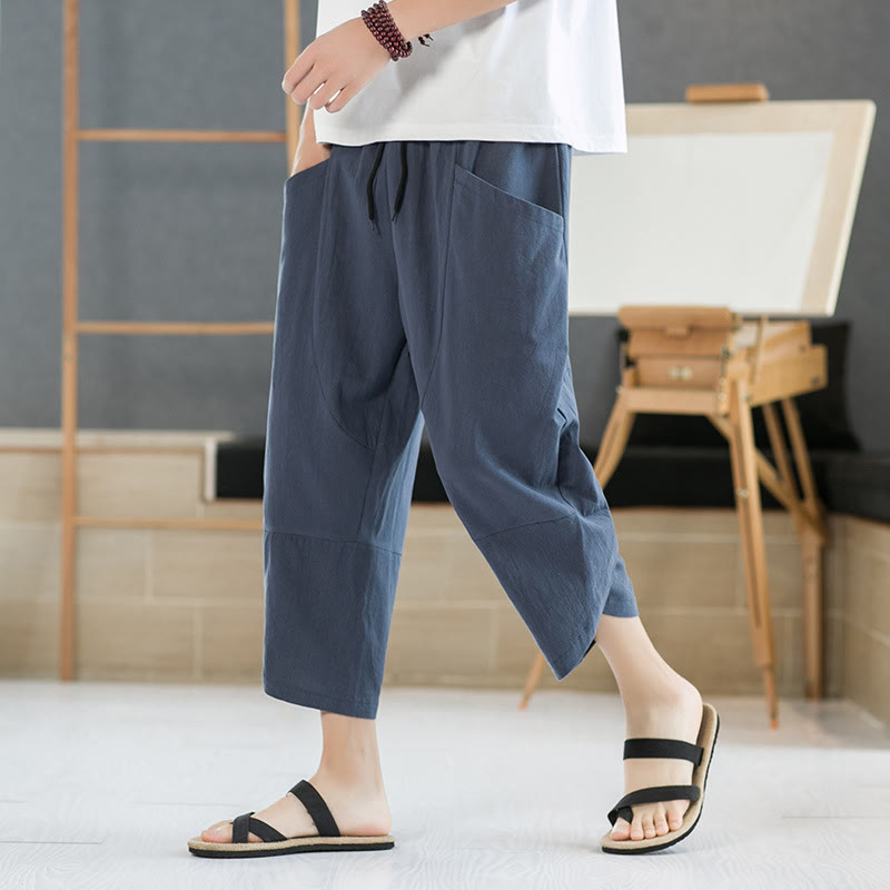 Summer Men's Solid Color 7-8 Length Cotton Linen Drawstring Pants With Pockets