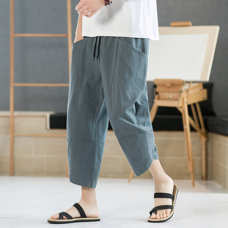 Summer Men's Solid Color 7-8 Length Cotton Linen Drawstring Pants With Pockets