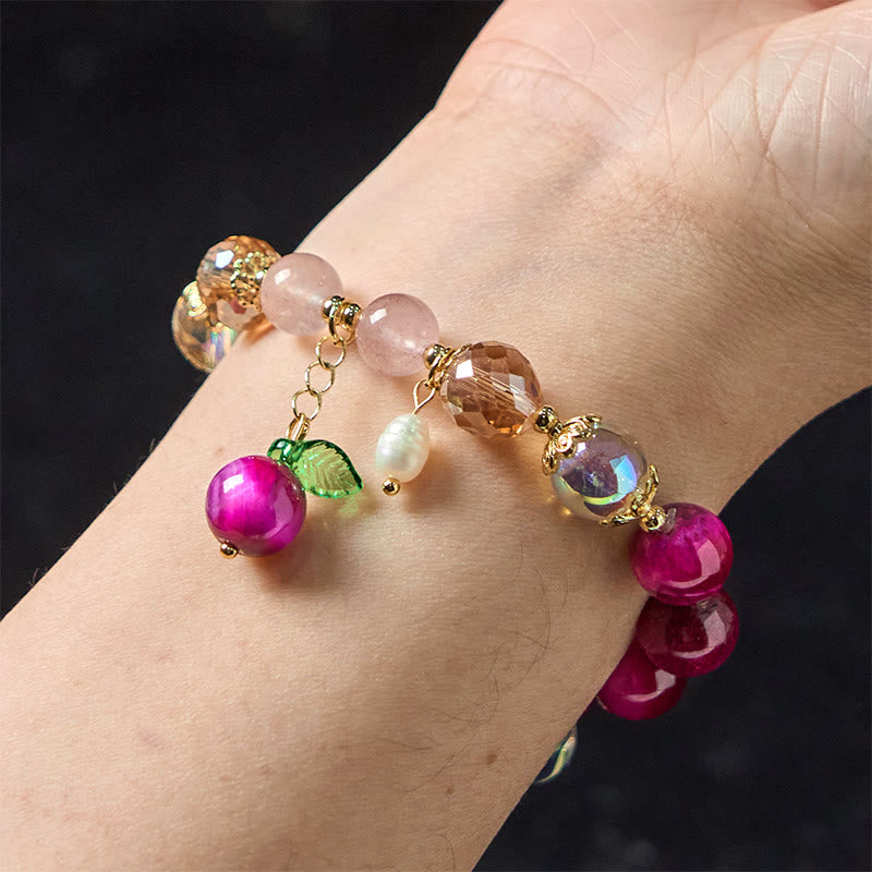 Natural Strawberry Quartz & Amethyst Tiger Eye Beaded Bracelet with Copper Leaf