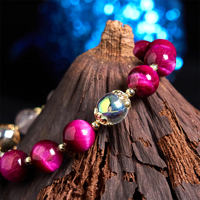 Natural Strawberry Quartz & Amethyst Tiger Eye Beaded Bracelet with Copper Leaf