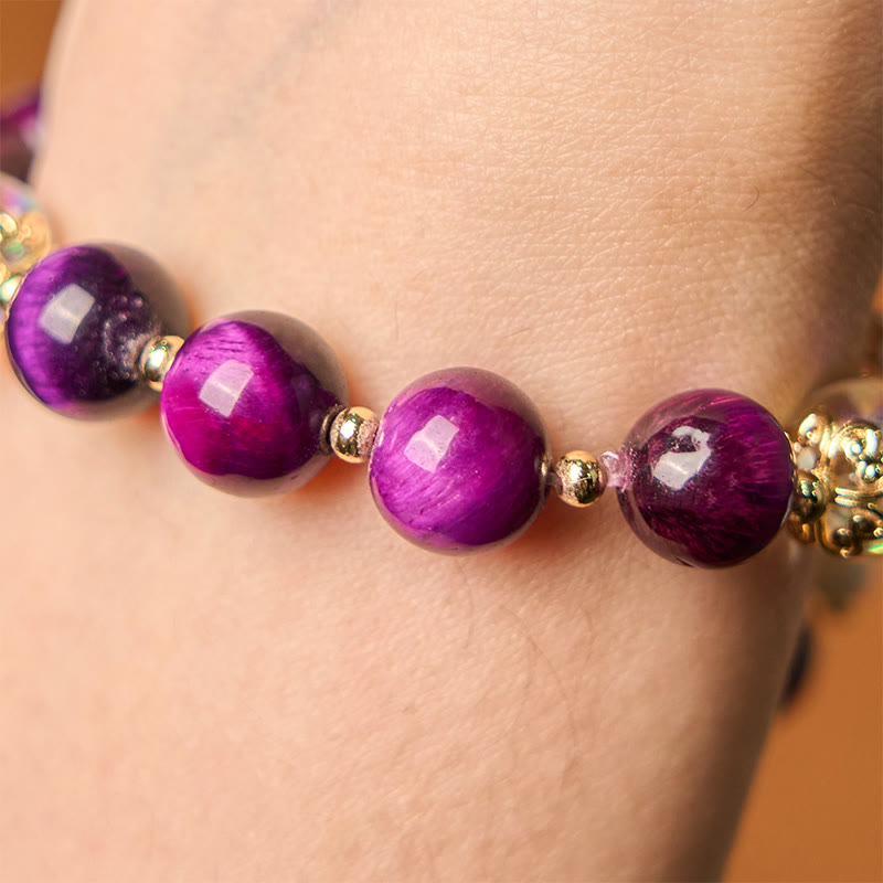 Natural Strawberry Quartz & Amethyst Tiger Eye Beaded Bracelet with Copper Leaf