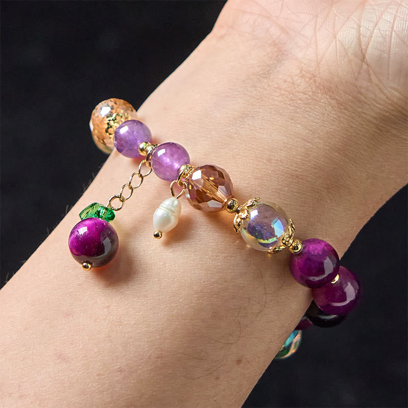 Natural Strawberry Quartz & Amethyst Tiger Eye Beaded Bracelet with Copper Leaf