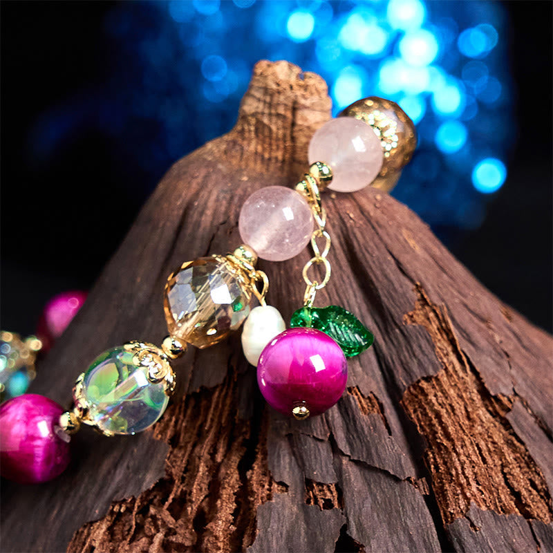 Natural Strawberry Quartz & Amethyst Tiger Eye Beaded Bracelet with Copper Leaf