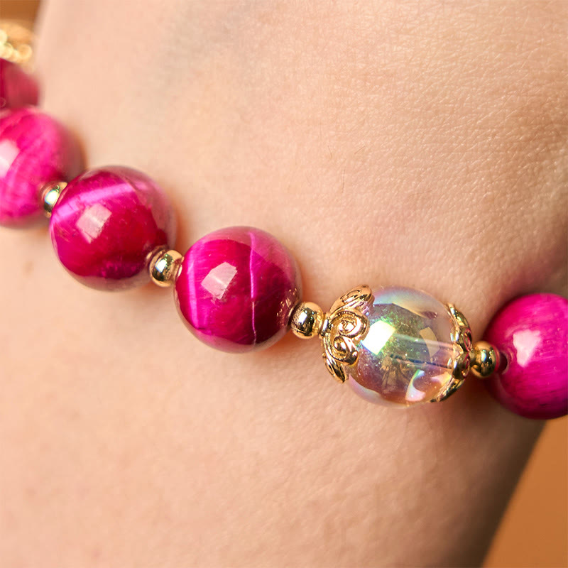 Natural Strawberry Quartz & Amethyst Tiger Eye Beaded Bracelet with Copper Leaf