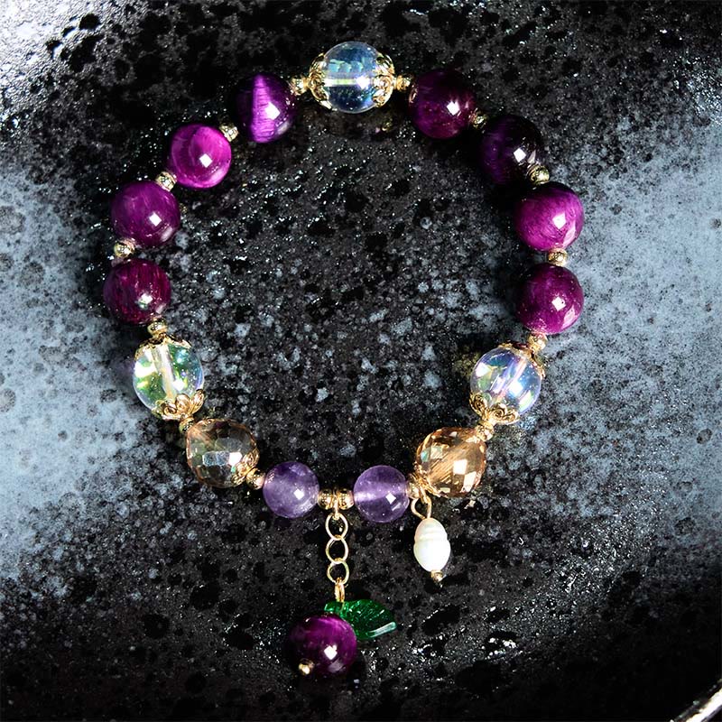 Natural Strawberry Quartz & Amethyst Tiger Eye Beaded Bracelet with Copper Leaf