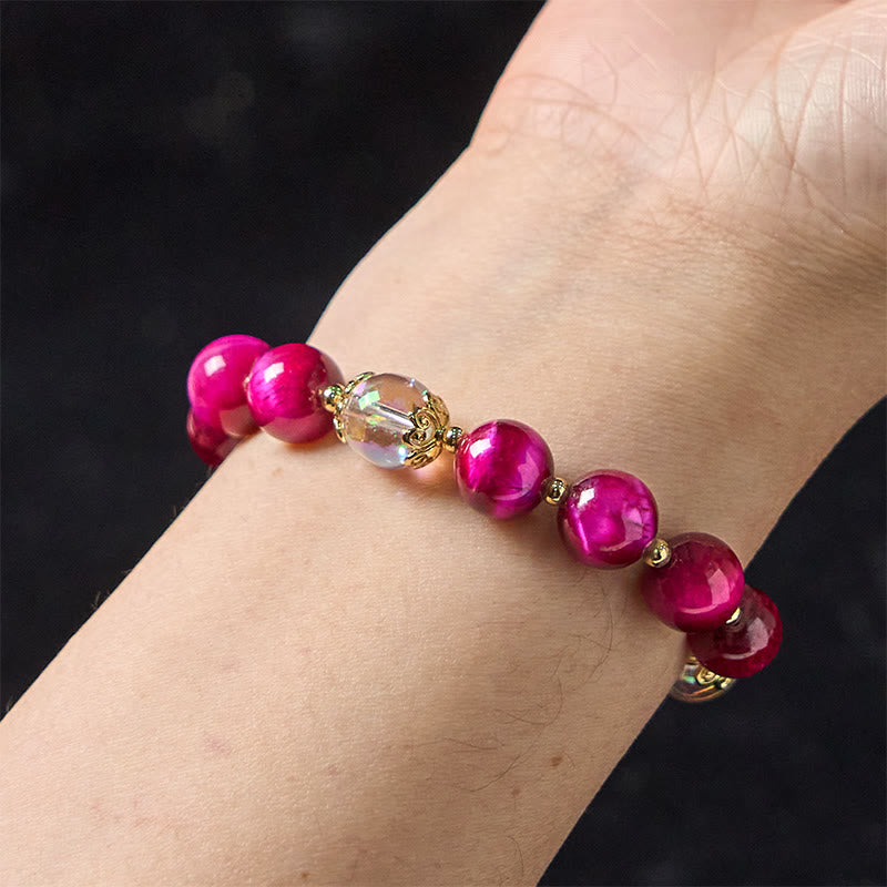 Natural Strawberry Quartz & Amethyst Tiger Eye Beaded Bracelet with Copper Leaf