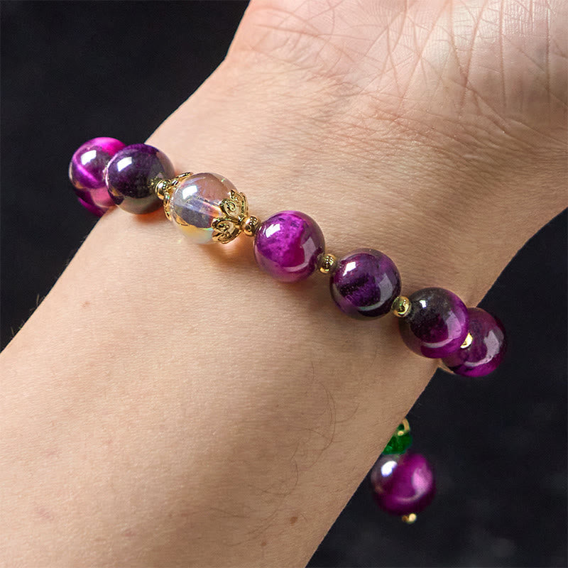 Natural Strawberry Quartz & Amethyst Tiger Eye Beaded Bracelet with Copper Leaf