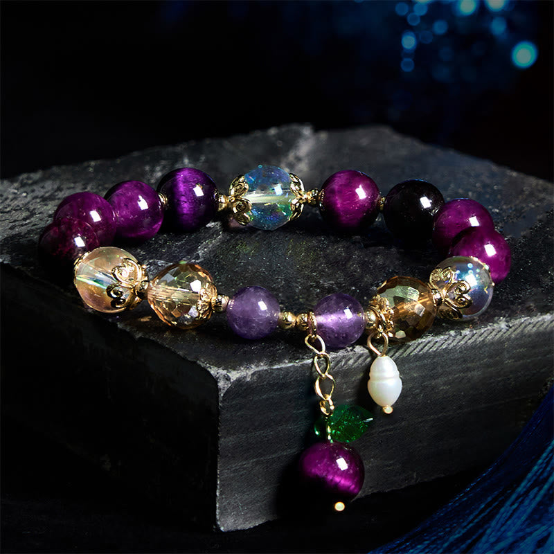 Natural Strawberry Quartz & Amethyst Tiger Eye Beaded Bracelet with Copper Leaf