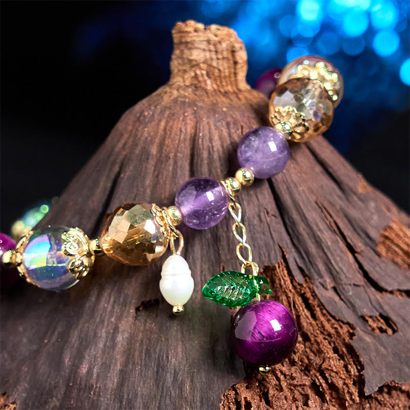 Natural Strawberry Quartz & Amethyst Tiger Eye Beaded Bracelet with Copper Leaf