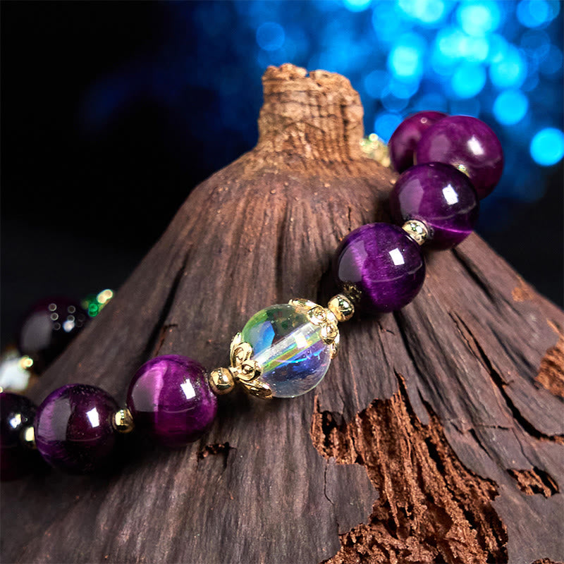 Natural Strawberry Quartz & Amethyst Tiger Eye Beaded Bracelet with Copper Leaf