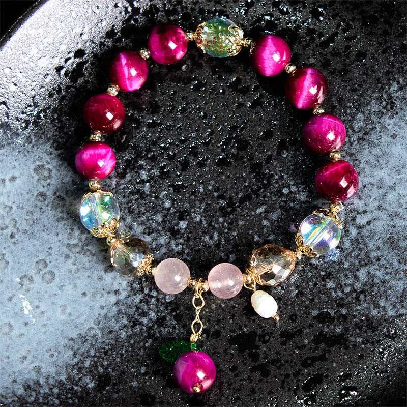 Natural Strawberry Quartz & Amethyst Tiger Eye Beaded Bracelet with Copper Leaf