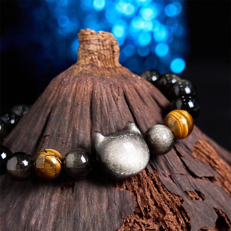 Natural Silver Sheen Obsidian Beads Cute Cat Soothing Bracelet