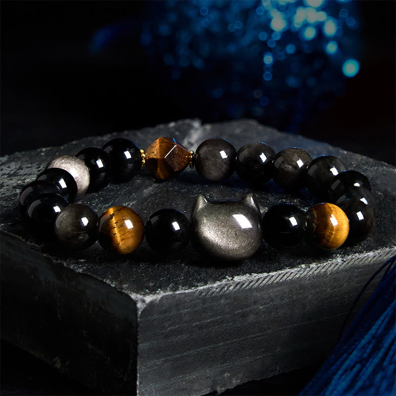 Natural Silver Sheen Obsidian Beads Cute Cat Soothing Bracelet