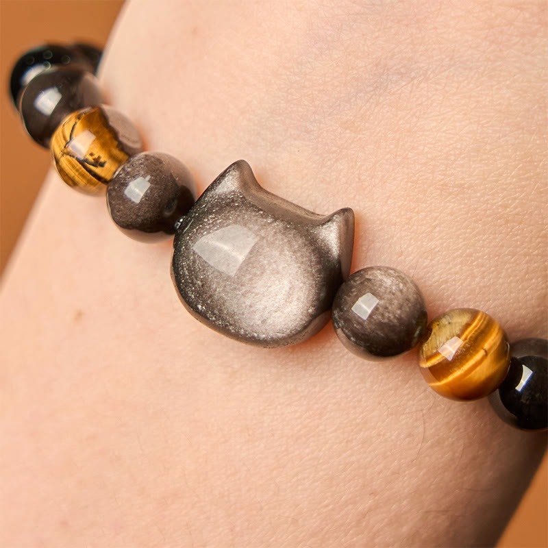 Natural Silver Sheen Obsidian Beads Cute Cat Soothing Bracelet