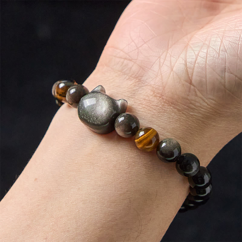 Natural Silver Sheen Obsidian Beads Cute Cat Soothing Bracelet